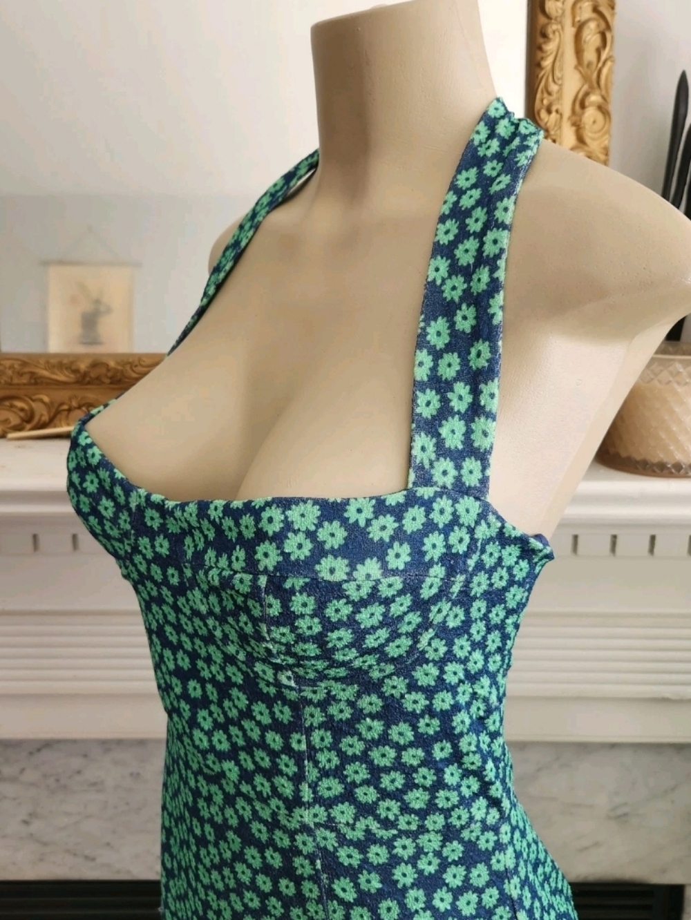 Anthropologie Hutch Blue Floral Dress Sz Medium Green Halter Ruffle Stretch Midi - Picture 6 of 8